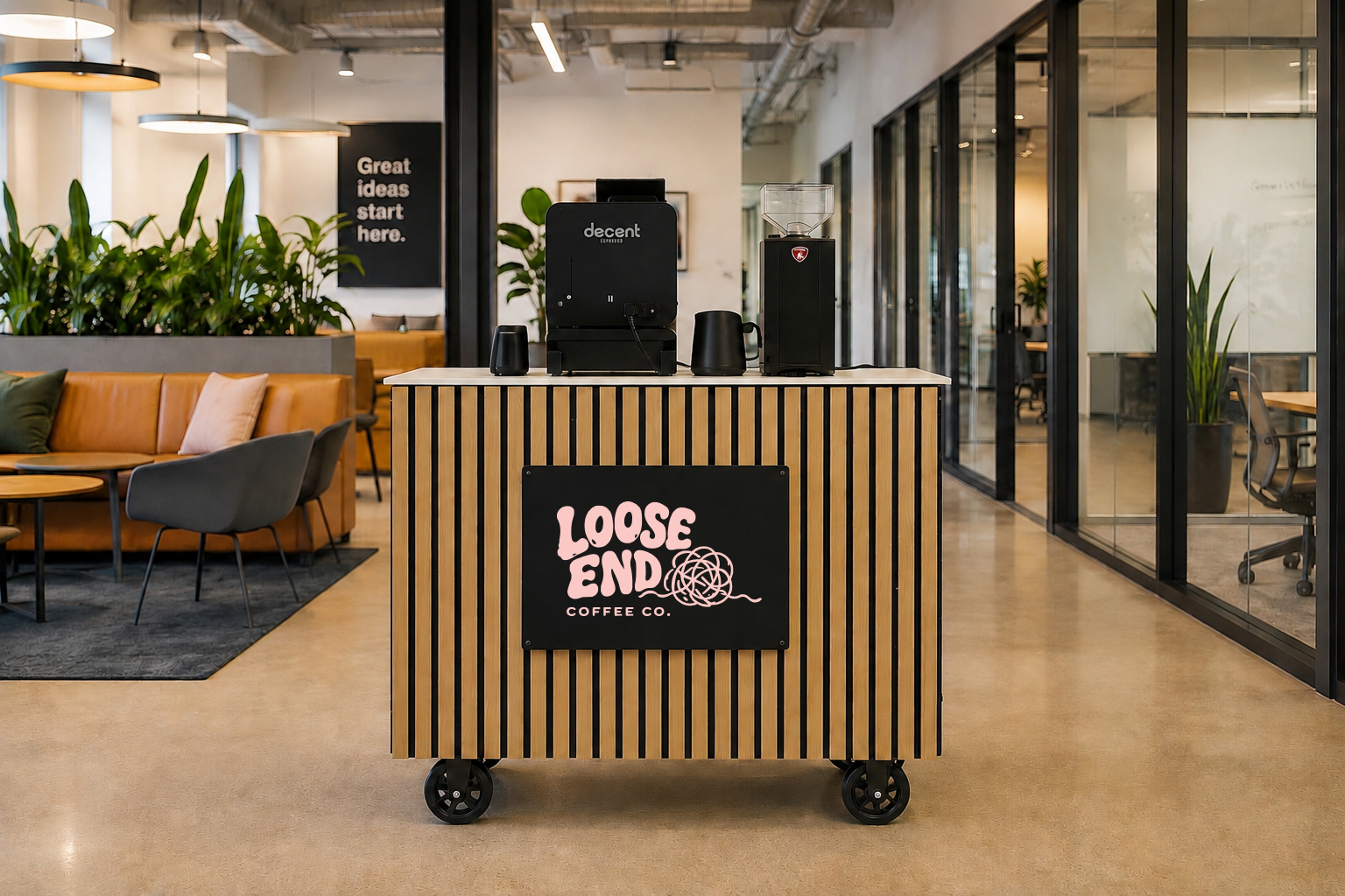 The Loose End cart with the Decent DE1 espresso machine and grinder on top, set up in an office